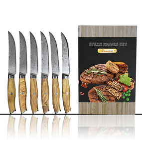 6pc Olive Wood Damascus Steel Steak Knives