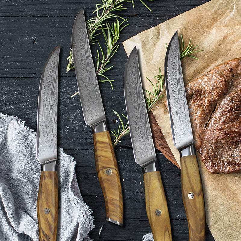 6pc Olive Wood Damascus Steel Steak Knives