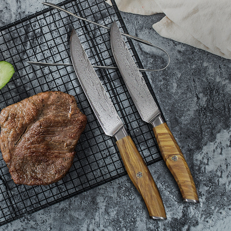 6pc Olive Wood Damascus Steel Steak Knives