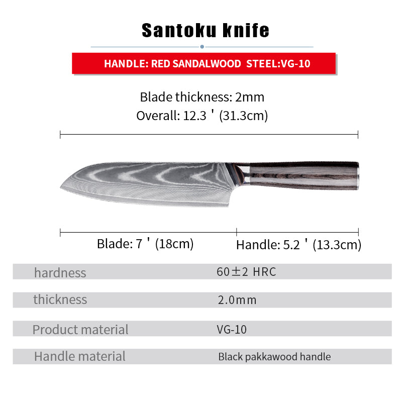 7" / 18cm Blade Damascus Steel Santoku Knife - Golden Thread Series