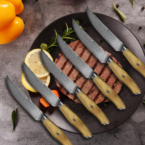 6pc Olive Wood Damascus Steel Steak Knives