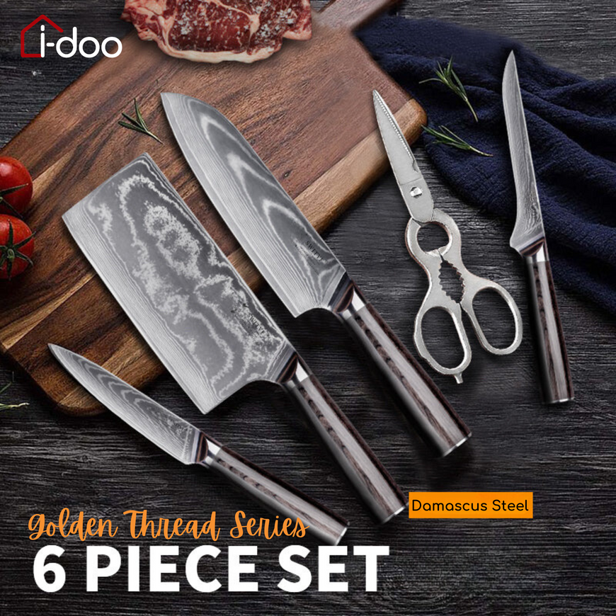 6pc Damascus Steel Kitchen Knife Set - Golden Thread Series