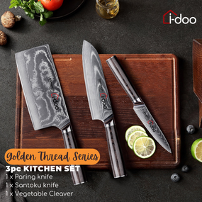 3 pc Damascus Steel Kitchen Knife Set - Golden Thread Series